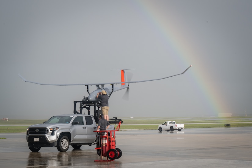 Personnel in support of Valiant Shield conduct final preflight checks on a Vanilla, an ultra long endurance unmanned aerial vehicle, on Andersen Air Force Base, Guam, June 13, 2024.