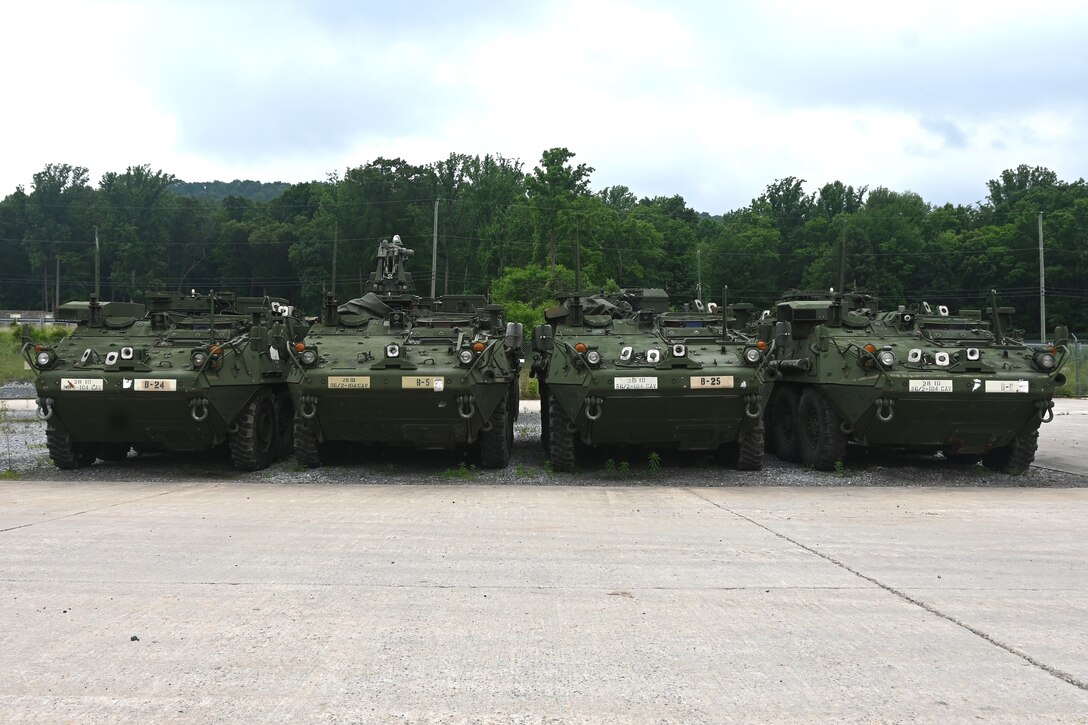 Stryker vehicles from the 56th Stryker Brigade Combat Team await shipment at Fort Indiantown Gap, Pa., June 5, 2024. The 56th SBCT is turning in 322 old Strykers and receiving 316 upgraded vehicles.
