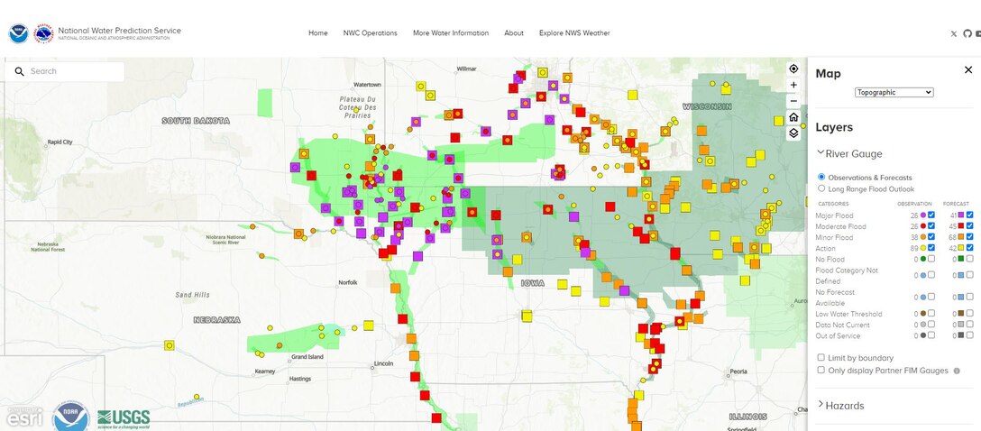 Map showing Missouri Basin rivers and tributaries either observed or forecast to be above flood stage in Southeastern South Dakota, Northeastern Nebraska, and Northwestern Iowa.
