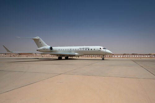 A U.S. Air Force E-11A Aircraft equipped with the Battlefield Airborne Communications Node taxis on the flightline at an undisclosed location within the U.S. Central Command area of responsibility, May 9, 2024. The E-11 enables cross-platform integration that enhances overall mission success. (U.S. Air Force photo)