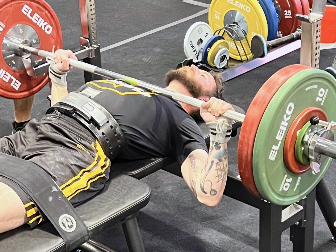 Retired Cpl. Patrick Dayton of Team Army competes in the powerlifting event at the 2024 Department of Defense Warrior Games at the ESPN Wide World of Sports Complex in Orlando, Florida