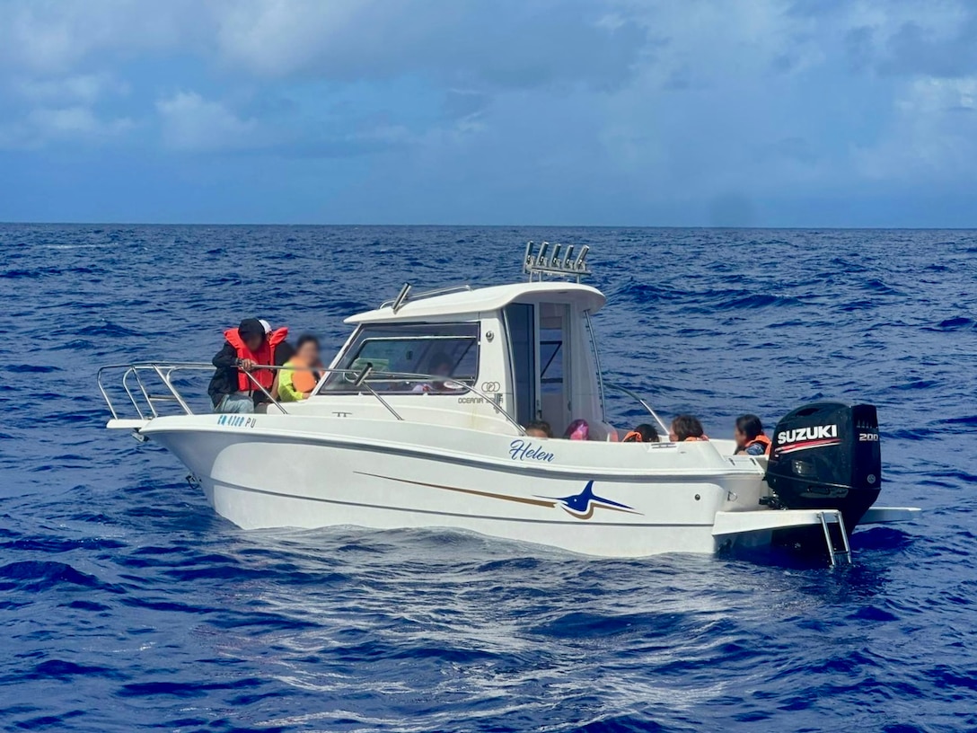 U.S. Coast Guard Forces Micronesia/Sector Guam, demonstrating preparedness and efficiency, successfully conducted a search and rescue operation for a distressed vessel 13 nautical miles north of Guam on June 23, 2024, saving 13 boaters. The Joint Rescue Sub-Center, operated by U.S. Coast Guard watchstanders in Guam, received an urgent notification from Guam Fire Rescue and 911 dispatch of a 23-foot recreational vessel, the Helen, with 13 people aboard potentially identified as nationals of the People's Republic of China, out of gas and adrift. A U.S. Coast Guard Station Apra Harbor 45-foot Response Boat-Medium crew transported the survivors to Hagåtña, where partner agency officials met them at the pier for further care and assessment. (U.S. Coast Guard photo)