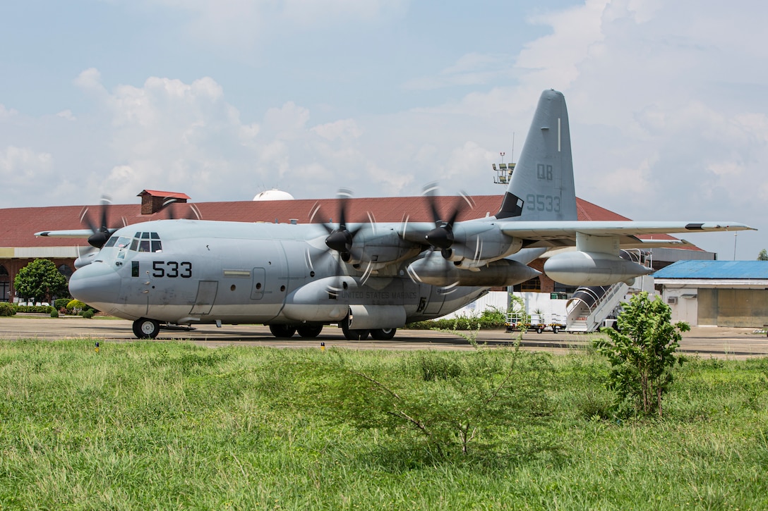 A U.S. Marine Corps KC-130J Super Hercules with Marine Aerial Refueler Transport (VMGR) 352, Marine Aircraft Group 11, 3rd Marine Aircraft Wing, taxies after refueling at a forward arming and refueling point at Laoag International Airport, Laoag, Philippines, June 15, 2024. The FARP supported aircraft with Marine Aerial Refueler Transport (VMGR) 352, Marine Aircraft Group 11, 3rd MAW, and 1st Special Operations Squadron during Marine Aviation Support Activity 24. MASA is an annual Philippine-U.S. military exercise focused on mutual defense, strengthening relationships, and rehearsing emerging aviation concepts. (U.S. Marine Corps photo by Cpl. Nikolas Mascroft)