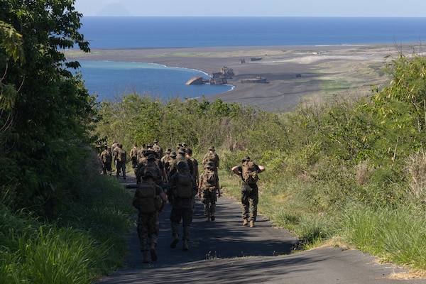 U.S. Marines and Sailors hike Mt. Suribachi at Iwo To, Japan, May 24, 2024. The service members had the opportunity to hike Mt. Suribachi during a PME, providing direct exposure to one of the most historic battle sites in Marine Corps History. The Marines and Sailors are with 12th Marine Littoral Regiment and 4th Marine Regiment, 3d Marine Division.  (U.S. Marine Corps photo by Lance Cpl. Evelyn Doherty)