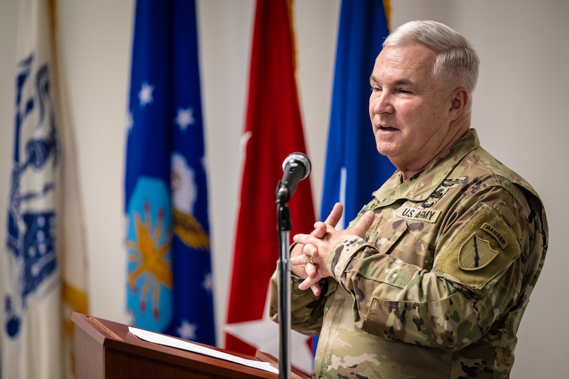 U.S. Army Maj. Gen. Haldane Lamberton, adjutant general of the Commonwealth of Kentucky, speaks during an event celebrating the 232nd birthday of the Kentucky National Guard at the Kentucky Air National Guard Base in Louisville, Ky., June 20, 2024. The Kentucky Guard, which was established by Gov. Isaac Shelby on June 24, 1792, is comprised of more than 6,000 Soldiers and over 1,100 Airmen stationed across the Commonwealth. (U.S. Air National Guard photo by Dale Greer)