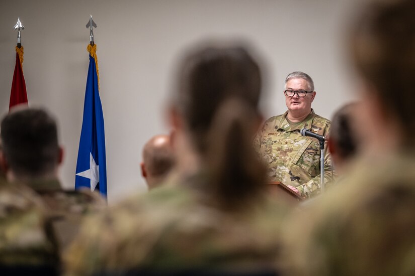 U.S. Air Force Brig. Gen. David Mounkes, assistant adjutant general for Air in the Kentucky National Guard, speaks during an event celebrating the 232nd birthday of the organization at the Kentucky Air National Guard Base in Louisville, Ky., June 20, 2024. The Kentucky Guard, which was established by Gov. Isaac Shelby on June 24, 1792, is comprised of more than 6,000 Soldiers and over 1,100 Airmen stationed across the Commonwealth. (U.S. Air National Guard photo by Dale Greer)