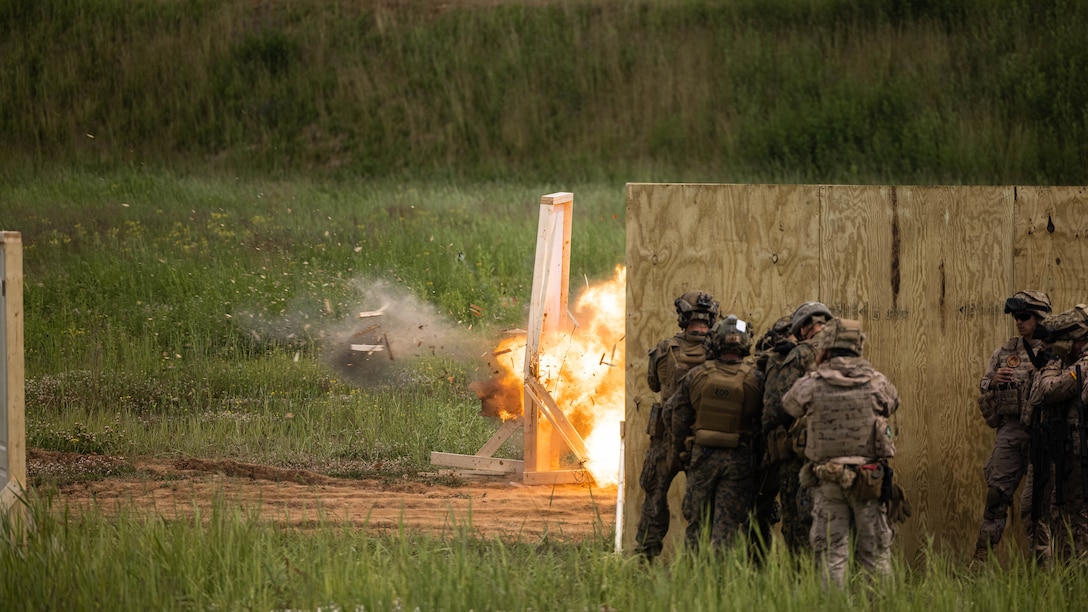 U.S. Marines with Battalion Landing Team 1/8, 24th Marine Expeditionary Unit Special Operations Capable, Combat Logistics Battalion 1/8, 24th MEU, and Spanish Marines with Gruma Battalion, Tercio de Armada, conduct breaching lanes during Baltic Operations 24 in Skrunda, Latvia, June 10, 2024. BALTOPS 24 is the premier maritime-focused exercise in the Baltic Region. The exercise, led by U.S. Naval forces Europe-Africa and executed by Naval Striking and Support Forces NATO, provides a unique training opportunity to strengthen combined response capabilities critical to preserving freedom of navigation and security in the Baltic Sea.