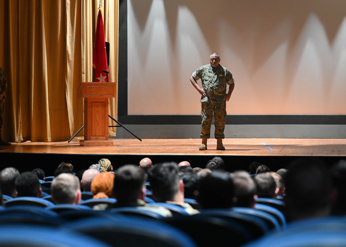 U.S. Marine Corps Lt. Gen. Dimitri Henry, J2 Joint Chiefs of Staff Director for Intelligence, hosts an all-call at Goodfellow Air Force Base, June 6, 2024. Looking ahead to the future of Great Power Competition, Henry emphasized that instructors will be the first leaders to set the expectations for future warfighters. (U.S. Air Force photo by Senior Airman Zach Heimbuch)