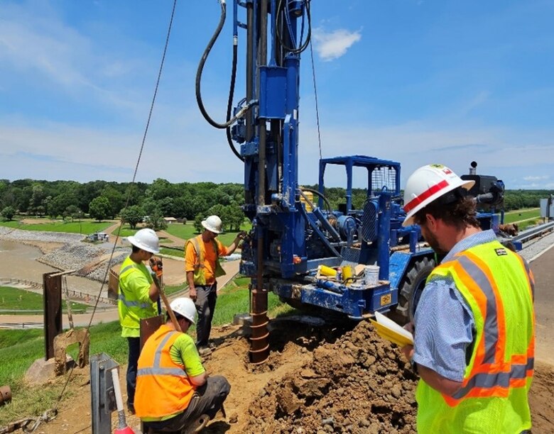 Currently, drill pads are being installed for piezometers, automated instruments used for monitoring groundwater pressure. Relief wells, which act like valves to relieve the water pressure, allow excess water to be diverted safely, and serve to prevent sand boils, are scheduled to follow. The additional piezometers increase the USACE-MVK’s monitoring ability by sending data hourly to the technical team, allowing them to analyze conditions in real time.