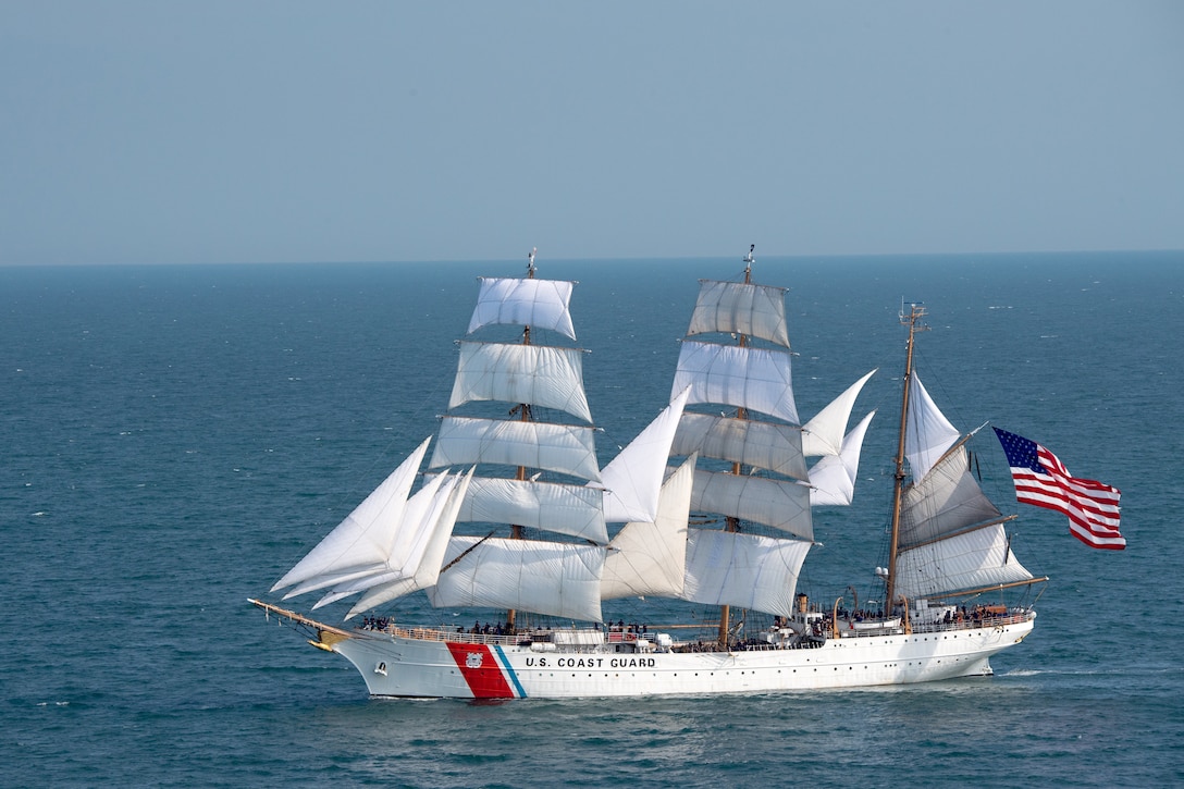 The Coast Guard Cutter Eagle sails from Norfolk, Virginia, to Boston, June 12, 2017. The Eagle is a 295-foot barque sailing vessel used to train Coast Guard Academy cadets in the historic aspects of sailing, leadership, navigation and teamwork. (U.S. Coast Guard photo by Auxiliarist David Lau/Released)