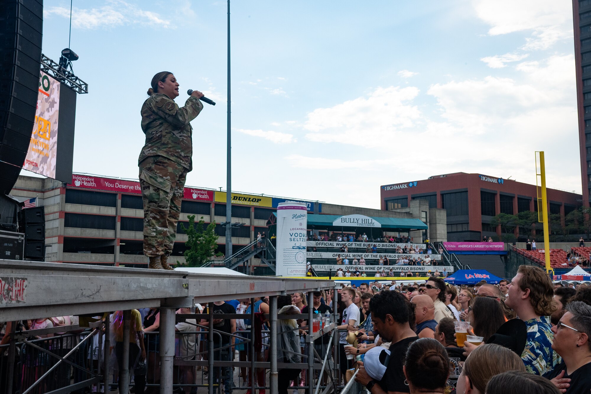 Staff Sgt. Danielle Headrick of the U.S. Air Force Heritage of America Band performs the National Anthem at Sahlen Field, Buffalo, New York, June 21, 2024.