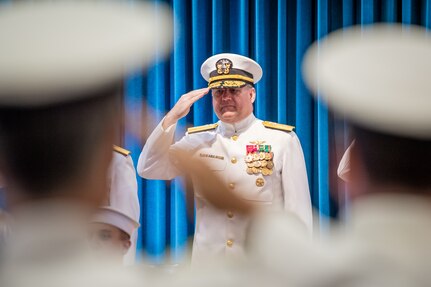 WASHINGTON -- Rear Adm. Todd M. Evans stands at attention during the Naval Sea Systems Command (NAVSEA) Warfare Centers change of command ceremony, June 24 at the Washington Navy Yard. Evans assumed command of the Warfare Centers in a ceremony presided by NAVSEA Commander Vice Adm. Jim Downey.  

The NAVSEA Warfare Centers execute research, development, test and evaluation efforts for the future Navy as well as provide in-service engineering and logistics support for the operational surface and submarine forces. (RELEASED).