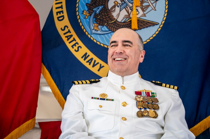 IMAGE: DAHLGREN, Va. – Capt. Philip Mlynarski smiles during his retirement ceremony following the Naval Surface Warfare Center Dahlgren Division (NSWCDD) change of command ceremony June 21. Mlynarski served as NSWCDD’s 47th commanding officer in the final two years of his 26-year career. (NSWCDD photo by Dave Ellis)