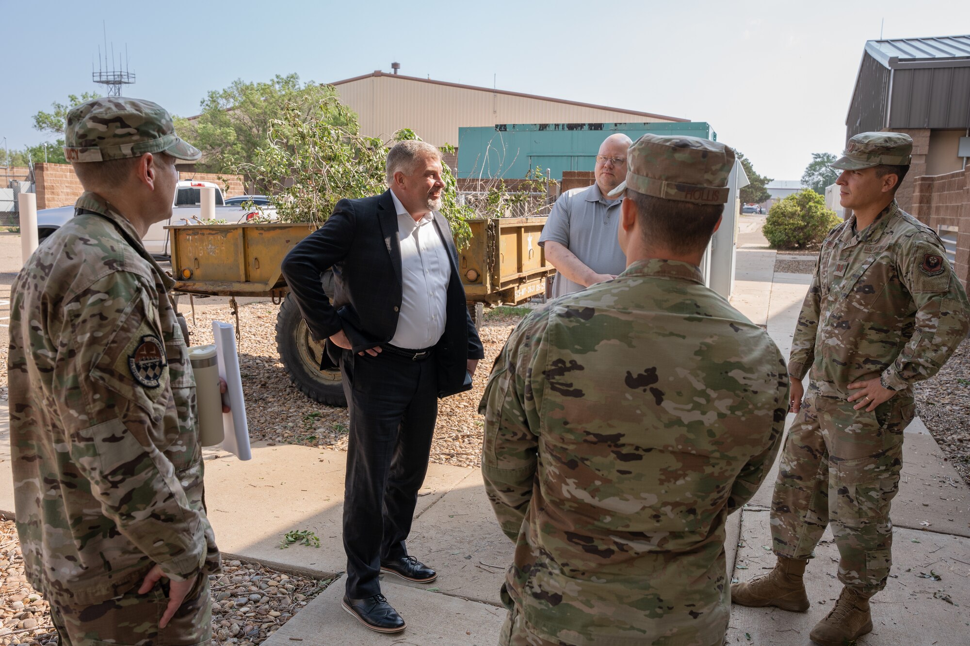 Mr. Dwayne DeCann, U.S. Special Operations Command NGA Support Team analysis director, meets with the 56th Special Operations Intelligence Squadron commander and 26th Special Tactics Squadron leadership at Cannon Air Force Base, New Mexico, May 30, 2024. DeCann leads an integrated government, contractor, and military workforce of over 100 analysts and staff dispersed across 25 geographical locations and embedded within 33 Special Operations Forces supporting worldwide operations. (U.S. Air Force photo by Airman 1st Class Tori Shearn)