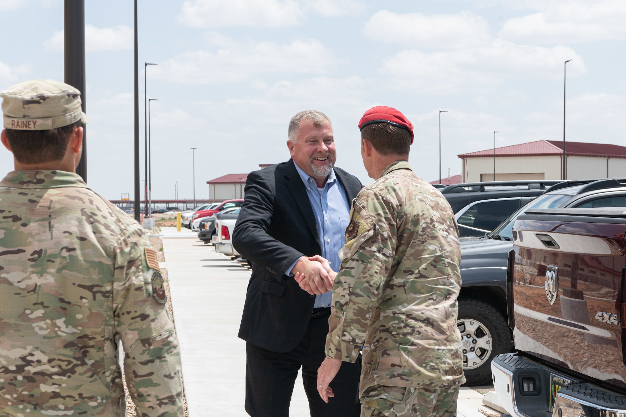 U.S. Air Force Lt. Col. Spencer Reed, 26th Special Tactics Squadron commander, greets Mr. Dwayne DeCann, U.S. Special Operations Command NGA Support Team analysis director, at Cannon Air Force Base, New Mexico, May 29, 2024. DeCann spent two days with the 27th Special Operations Wing to better understand both the mission of the Steadfast Line, as well as the geospatial intelligence requirements of the wing. (U.S. Air Force photo by Senior Airman Drew Cyburt)