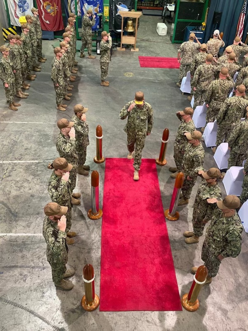 Vice Adm. Nathan Moore, commander, Atlantic Area, departs the change-of-command ceremony for Coast Guard Patrol Forces Southwest Asia, June 18, 2024, in Manama, Bahrain. PATFORSWA’s mission is to equip, deploy and support mission ready Coast Guard forces to conduct maritime operations across the Middle East for United States Central Command. (U.S. Coast Guard photo by Chief Warrant Officer Jonathan Oakes)