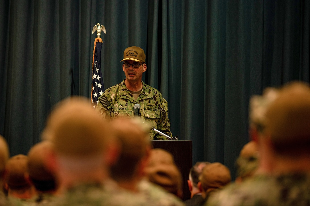 Vice Adm. Nathan Moore, commander, Atlantic Area, delivers his remarks during a change-of-command ceremony for Coast Guard Patrol Forces Southwest Asia, June 18, 2024, in Manama, Bahrain. The change-of-command ceremony is a military tradition representing a formal transfer of authority and responsibility for a unit from one commanding officer to another. (U.S. Army photo by Sgt. Julio Hernandez)