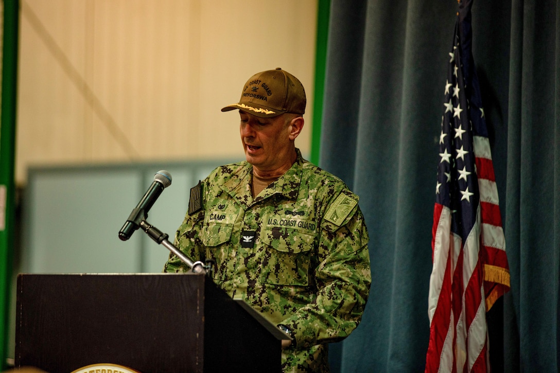 Capt. Joseph Camp, the new commodore of Coast Guard Patrol Forces Southwest Asia, delivers his remarks during a change-of-command ceremony, June 18, 2024, in Manama, Bahrain. The change-of-command ceremony is a military tradition representing a formal transfer of authority and responsibility for a unit from one commanding officer to another. (U.S. Army photo by Sgt. Julio Hernandez)