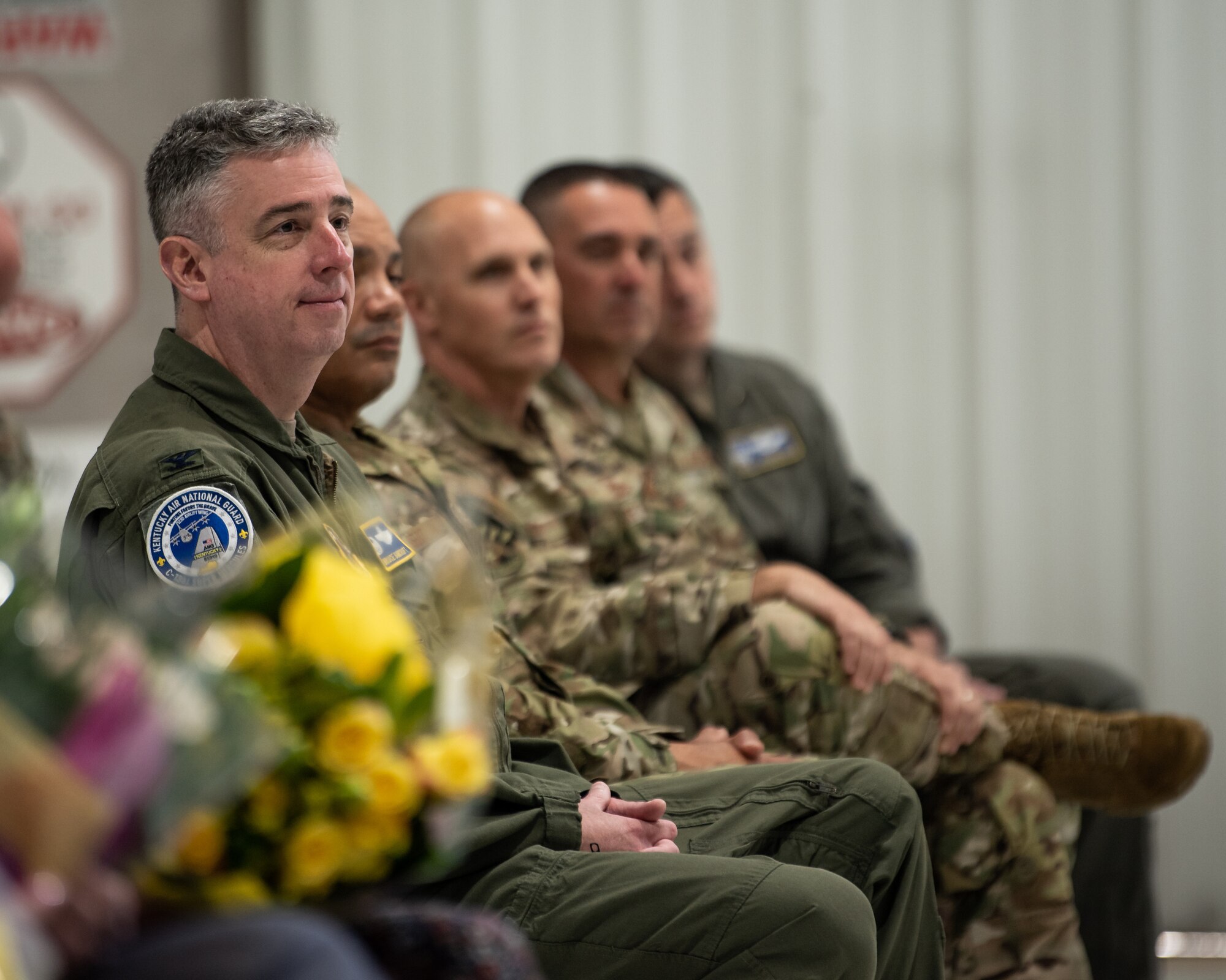 Col. Bruce Bancroft, commander of the 123rd Airlift Wing, attends the retirement ceremony of Chief Master Sgt. Alan Peake at the Kentucky Air National Guard Base in Louisville, Ky., Apr. 21, 2024. Peake retired as the maintenance production superintendent for the 123rd Aircraft Maintenance Squadron after more than 36 years of service. (U.S. Air National Guard photo by Staff Sgt. Chloe Ochs)