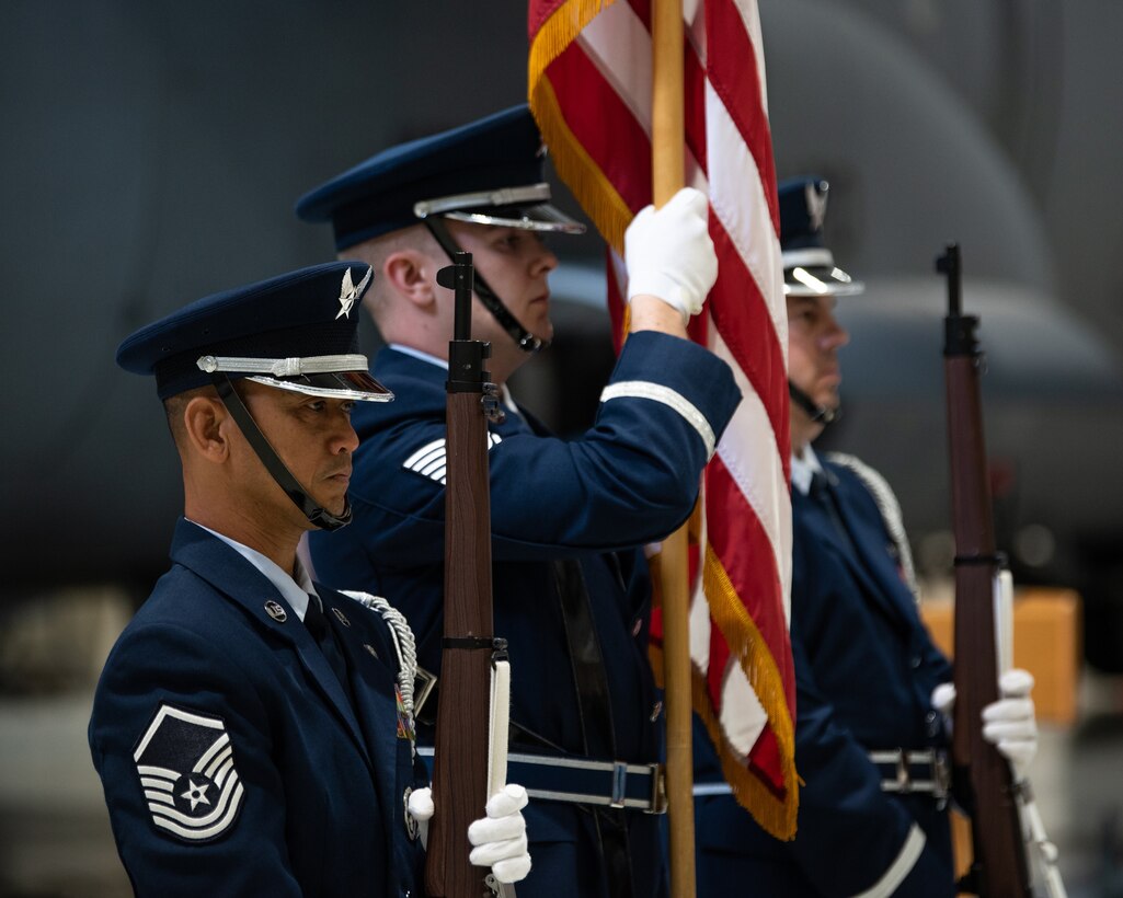 The 123rd Airlift Wing Color Guard presents the colors during the retirement ceremony of Chief Master Sgt. Alan Peake at the Kentucky Air National Guard Base in Louisville, Ky., Apr. 21, 2024. Peake retired as the maintenance production superintendent for the 123rd Aircraft Maintenance Squadron after more than 36 years of service. (U.S. Air National Guard photo by Staff Sgt. Chloe Ochs)