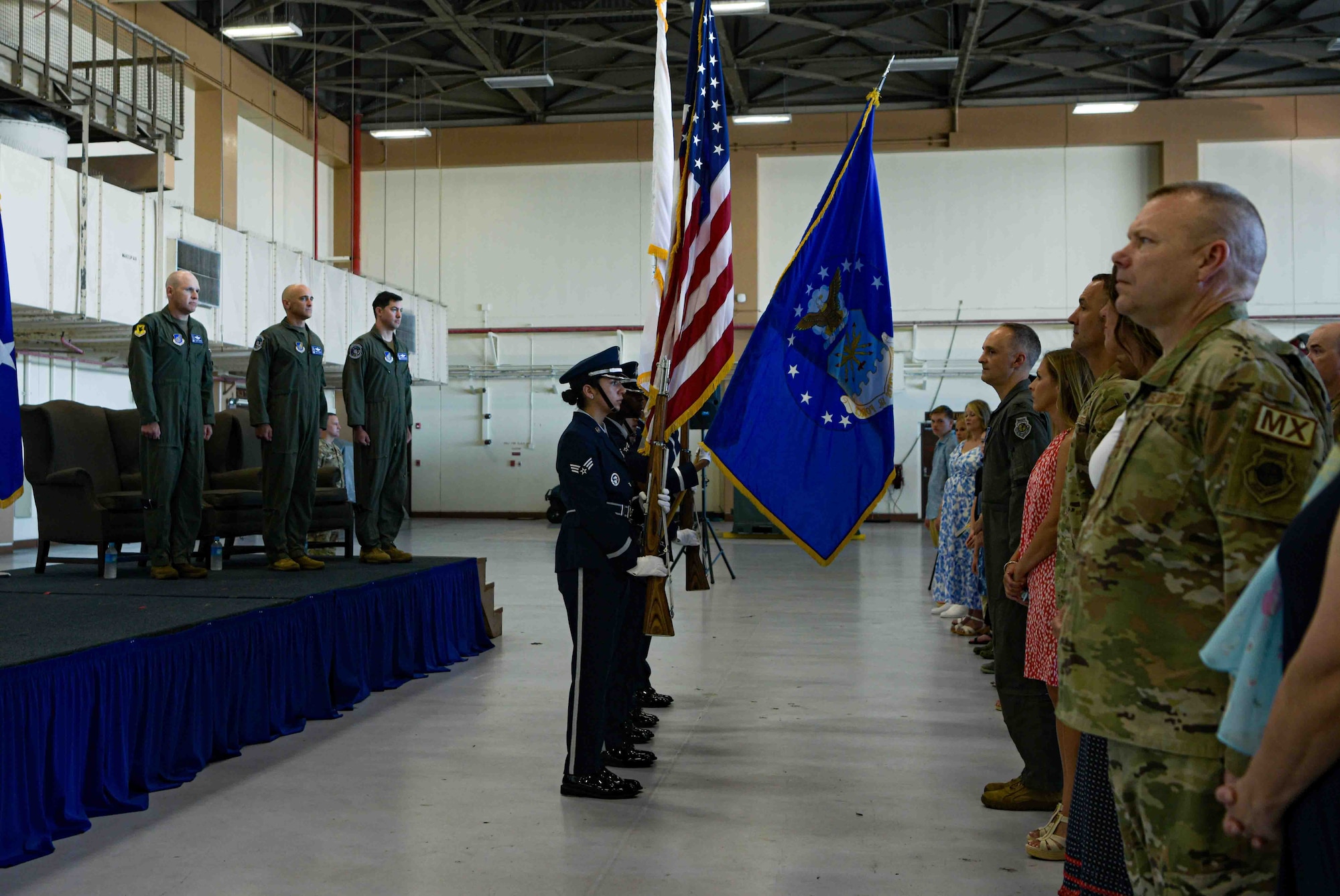 Members of the Kadena Honor Guard present the colors during the 18th Operations Group change of command ceremony at Kadena Air Base, Japan, June 25, 2024.