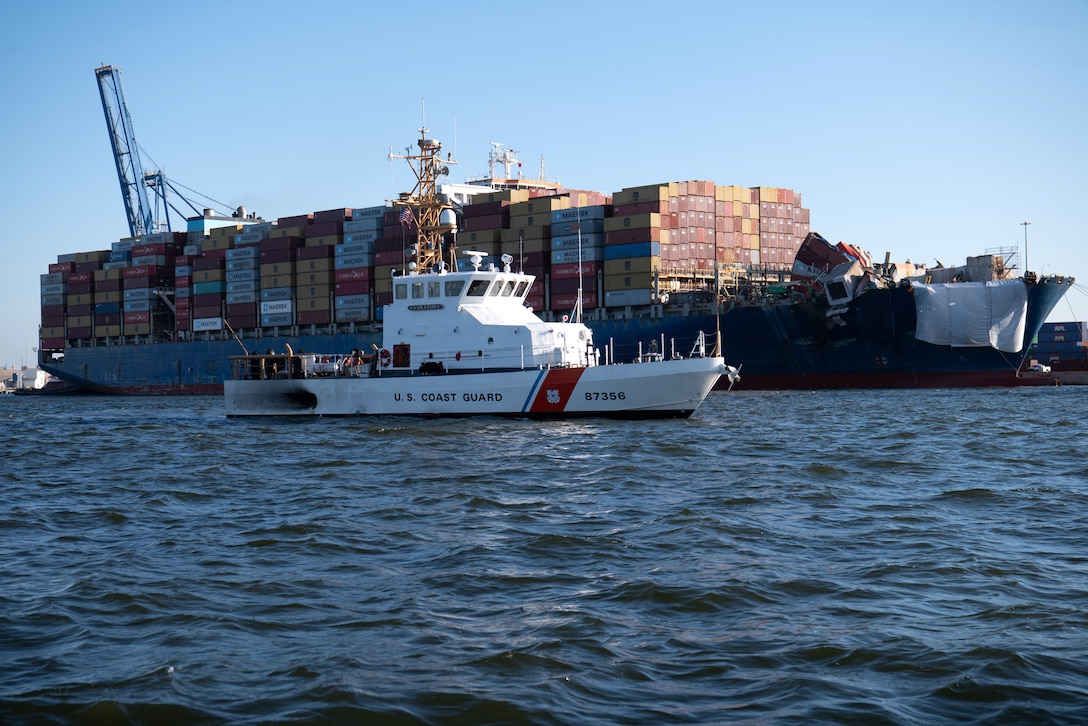 The crew of the U.S. Coast Guard Cutter Sailfish, an 87-foot Marine Protector class vessel, prepares to escort the Motor Vessel Dali during its transit from the Port of Baltimore to the Port of Virginia, June 24, 2024.