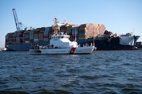 The crew of the U.S. Coast Guard Cutter Sailfish, an 87-foot Marine Protector class vessel, prepares to escort the Motor Vessel Dali during its transit from the Port of Baltimore to the Port of Virginia, June 24, 2024.