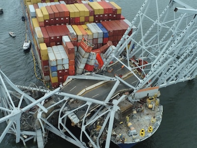 The Motor Vessel Dali is shown with the collapsed Francis Scott Key Bridge in Baltimore, March 28, 2024.