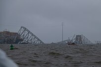 A Coast Guard 29-foot Response Boat-Small crew enforces a safety zone near the collapsed Francis Scott Key Bridge in Baltimore, Maryland, April 3, 2024.