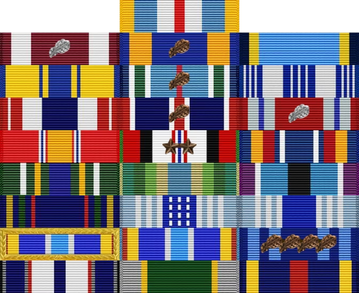 A graphic depicting a military ribbon rack.