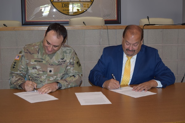 Philadelphia District Commander LTC Jeffrey Beeman and Mayor Gary Catrambone signed the agreement, which initiates a study under Section 14 of the Continuing Authorities Program. The study will investigate shoreline erosion problems and opportunities. 
Currently, critical infrastructure is vulnerable to erosion in the study area, which is located along the Rancocas Creek, approximately 0.25 miles from the confluence of the Delaware River along River Drive, directly parallel to Hawk Island. Erosion from Rancocas Creek threatens to undermine the Delran Sewer Plant and stormwater infrastructure along River Drive. Additionally, the newly opened Rancocas Creek River Trail is also vulnerable. The study area includes the Delran Sewer Plant and River Drive.