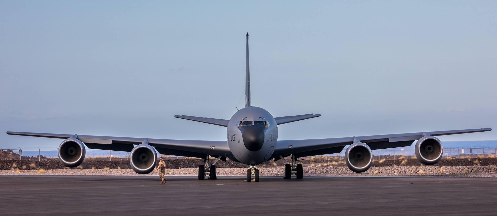 A KC-135 Stratotanker, assigned to the Alaska Air National Guard and operated by an integrated Air National Guard Air Force Reserve Command Test Center flight-crew, sits on the tarmac in Kona, Hawaii. The Test Center flight-crew tested the Real-Time Information in the Cockpit (RTIC) system while supporting Sentry Aloha.