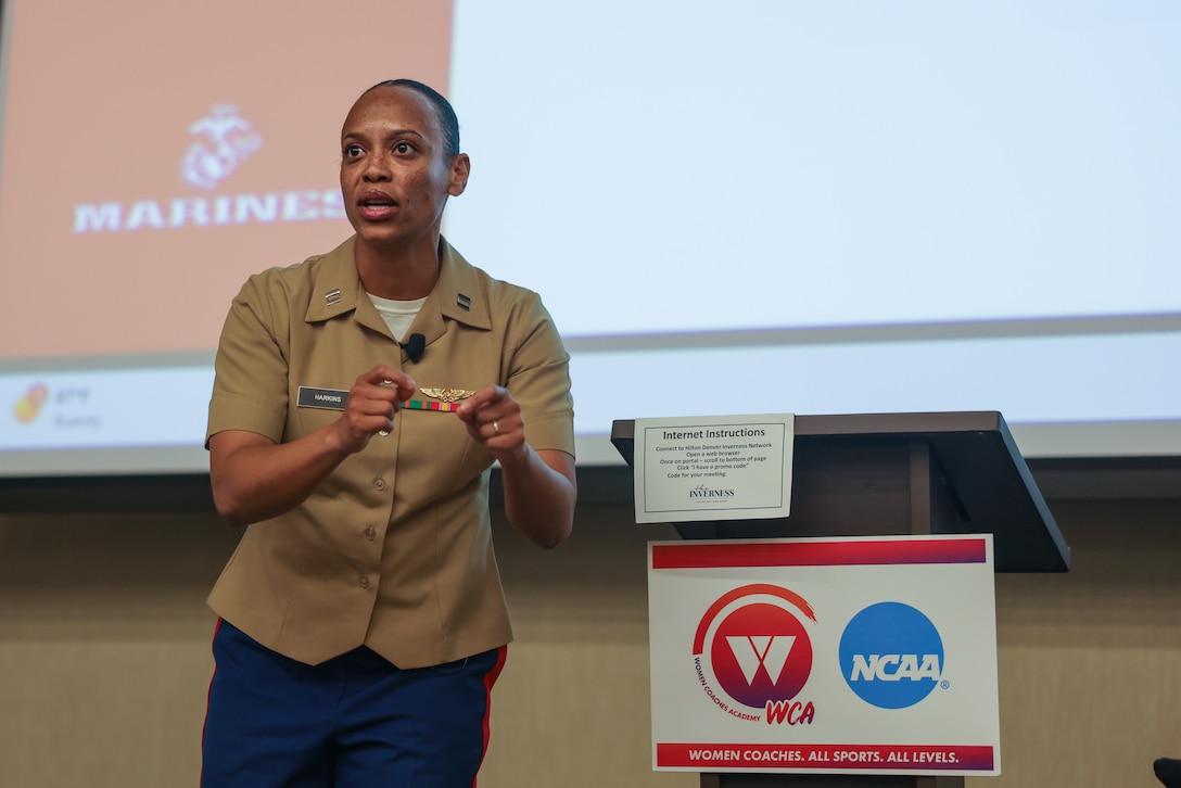 U.S. Marine Corps Capt. Jalissa Harkins, officer selection officer, Officer Selection Station Denver, Recruiting Station Denver, leads a breakout session called “Empowering Teams: Fostering Inclusive and High-Performing Team Culture” during the National Collegiate Athletic Association Women Coaches Academy as part of the national partnership program with WeCoach in Denver, June 16 to 18, 2024. The national partnerships program widens the Marine Corps brand awareness and influencer advocacy sphere. Partnerships under this program aim to create opportunities for influencer and prospect audiences to establish lasting relationships. (U.S. Marine Corps photo by Lance Cpl. Brenna Ritchie)