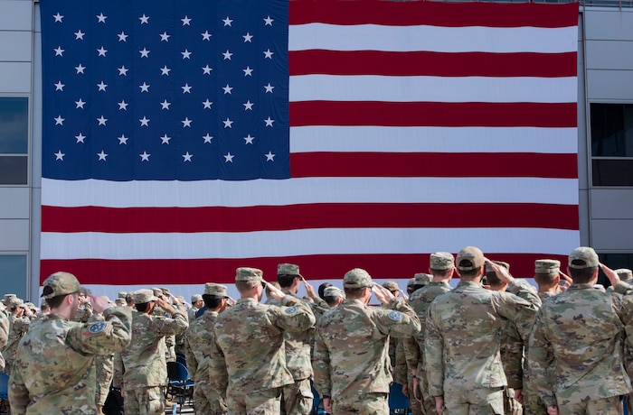 The men and women of Space Delta 8 – Satellite Communications, salute during a change of command ceremony at Schriever Space Force Base, Colorado, June 24, 2024. DEL 8 was activated on July 24, 2020. (U.S. Space Force photo by 1st Lt. Danielle Rose)