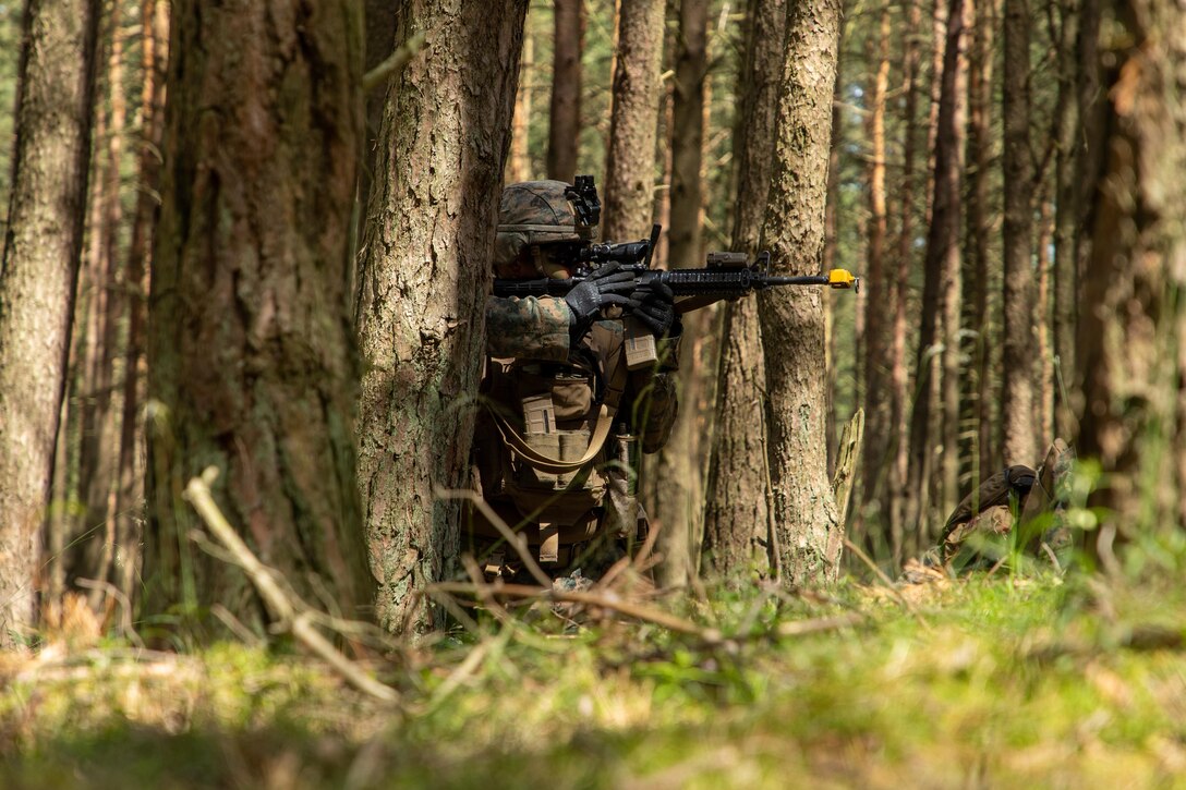 A U.S. Marine with Battalion Landing Team 1/8, 24th Marine Expeditionary Unit Special Operations Capable, sights in during an amphibious assault exercise as part of Baltic Operations (BALTOPS) 24 in Ustka, Poland, June 16, 2024. BALTOPS 24 is the premier maritime-focused exercise in the Baltic Region. The exercise, led by U.S. Naval Forces Europe-Africa and Executed by Naval Striking and Support Forces NATO, provides a unique training opportunity to strengthen combined response capabilities critical to preserving freedom of navigation and security in the Baltic Sea. (U.S. Marine Corps Photo by Cpl. Aydan Millette)