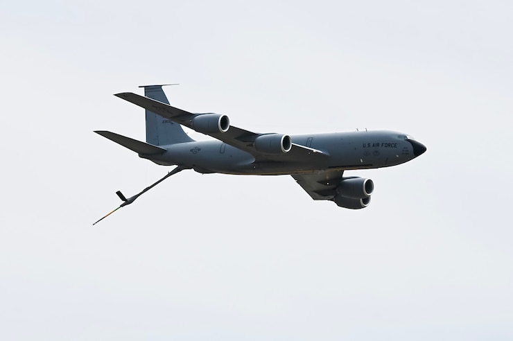 A KC-135 flies in the sky.