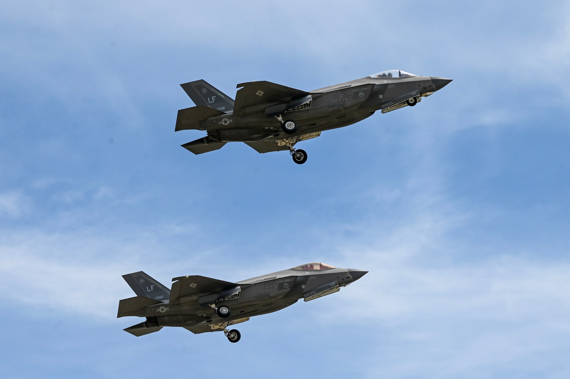 Two F-35's fly in the sky.