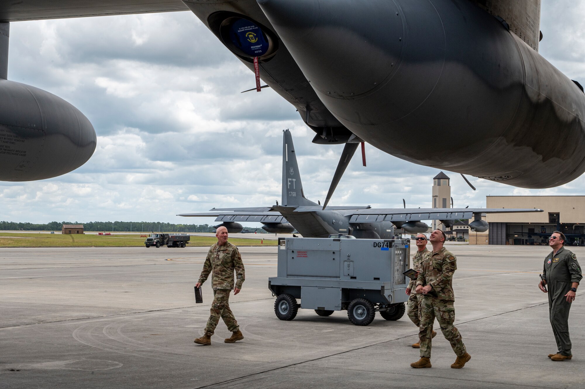 U.S. Air Force 23rd Wing leadership inspect an HC-130J Combat King II during a Top Tiger competition at Moody Air Force Base, Georgia, June 21, 2024. The quarterly competition is designed to sharpen crew chiefs’ knowledge and improve their attention to detail. (U.S. Air Force photo by Airman 1st Class Leonid Soubbotine)