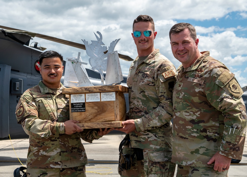 U.S. Air Force Col. Paul Sheets,right, 23rd Wing commander, presents a Top Tiger trophy to Airmen assigned to the 74th Fighter Generation Squadron during a Top Tiger competition at Moody Air Force Base, Georgia, June 21, 2024. The Top Tiger competition is held quarterly to find out the best and most knowledgeable crew chiefs at Moody AFB. (U.S. Air Force photo by Airman 1st Class Leonid Soubbotine)