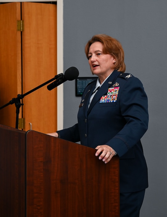 U.S. Air Force Col. Angelina Maguinness, 17th Training Wing commander, gives closing remarks to the graduates during a Community College of the Air Force graduation in the Powell Event Center, Goodfellow Air Force Base, Texas, June 21, 2024. Maguinness recognized all the graduates who dedicated their time and hard work to receive their applied sciences degrees. (U.S. Air Force photo by Airman 1st Class Evelyn J. D’Errico)