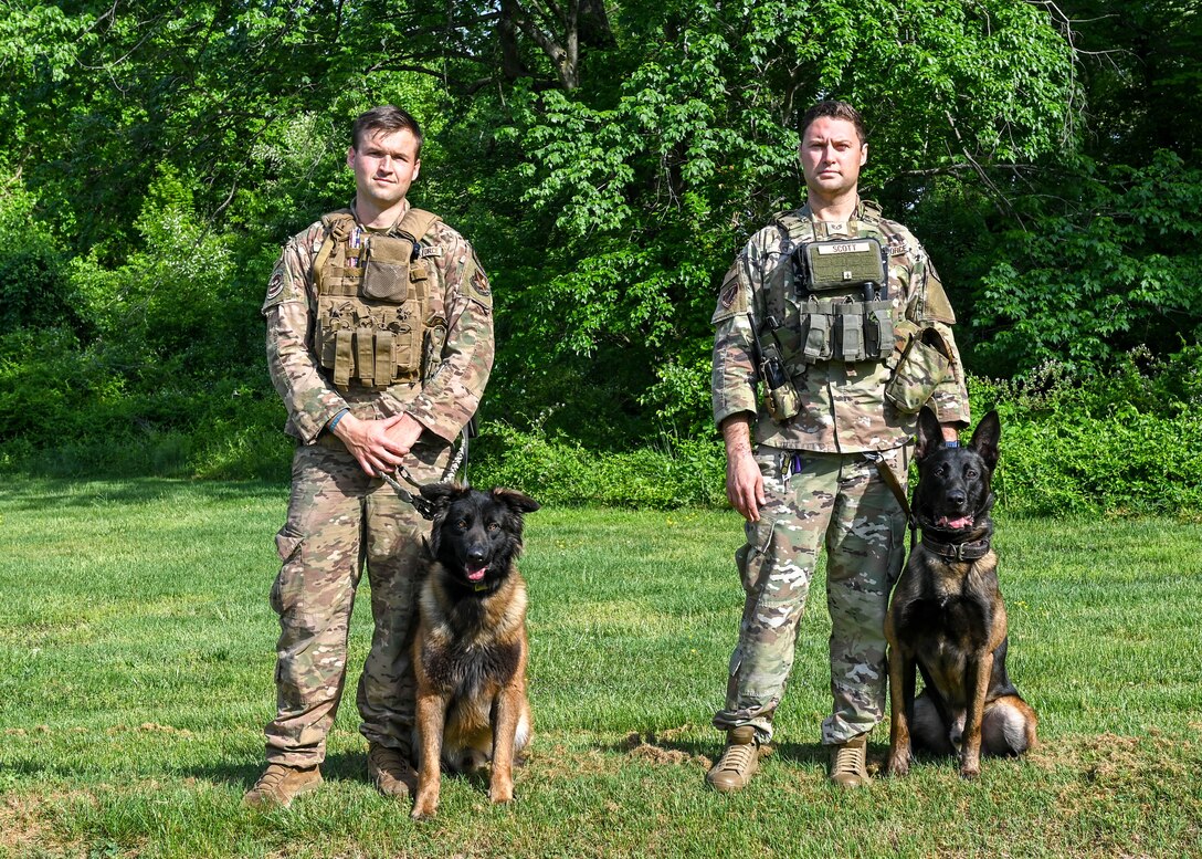 Two men standing with two dogs.