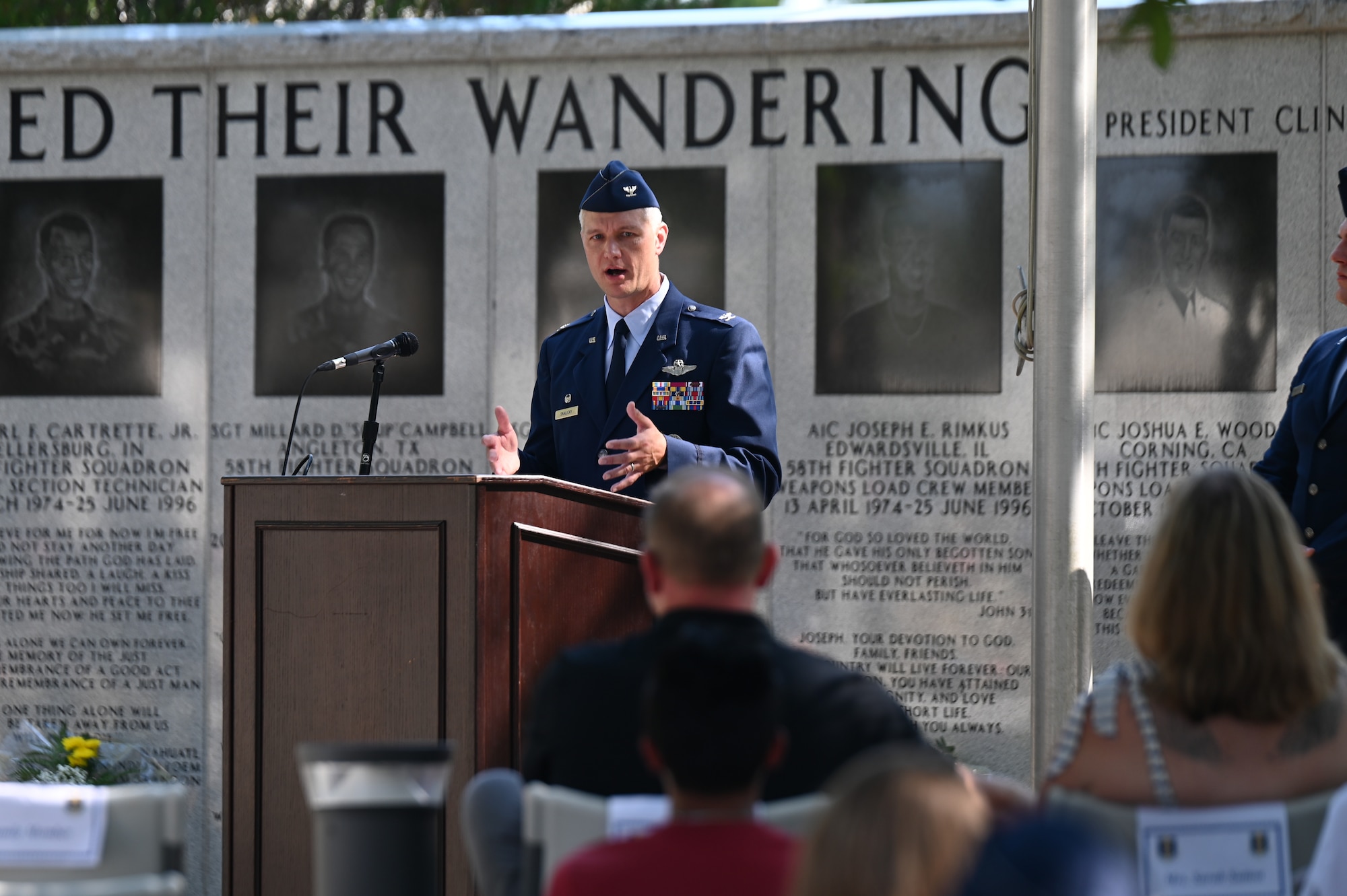U.S. Air Force Col. David Skalicky, 33rd Fighter Wing commander, delivers a speech during the 28th Annual Khobar Towers Memorial Ceremony at Eglin Air Force Base, Florida, June 25, 2024.