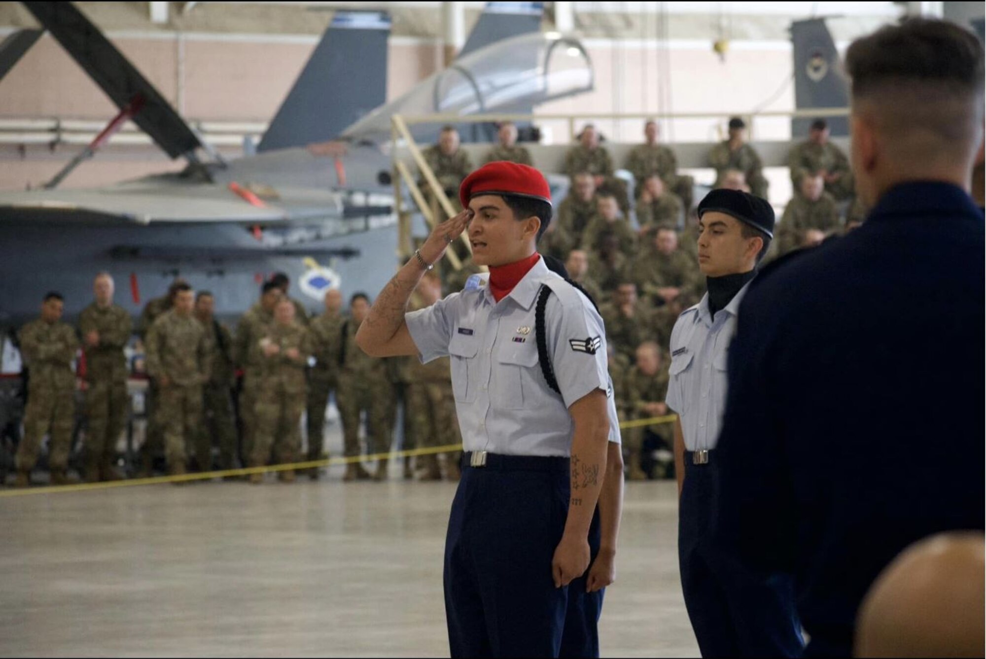 A member of the 344th Training Squadron salutes at the Second Air Force Drill Down Competition. The 343rd and 344th Training Squadrons represented the 37th Training Group and wont first place in the Second Air Force Drill Down Competition at Sheppard Air Force Base, Texas, on April 27, 2024. (Courtesy Photo)