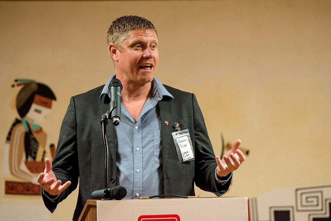 Jeremy Decker, tribal liaison, USACE-Albuquerque District, speaks during a Tribal Nations Open House at the Indian Pueblo Cultural Center in Albuquerque, New Mexico, June 25, 2024.