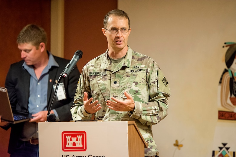 Lt. Col. Jerre Hansbrough, commander, USACE-Albuquerque District, speaks during a Tribal Nations Open House at the Indian Pueblo Cultural Center in Albuquerque, New Mexico, June 25, 2024.