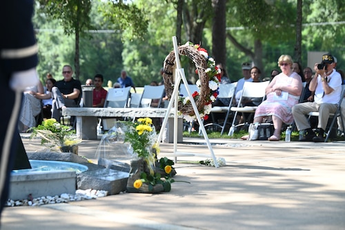 A memorial wreath is placed during the Khobar Towers memorial ceremony at Eglin Air Force Base, Florida, June 25, 2024.