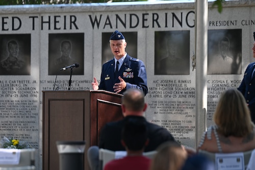 U.S. Air Force Col. David Skalicky, 33rd Fighter Wing commander, delivers a speech during the 28th Annual Khobar Towers Memorial Ceremony at Eglin Air Force Base, Florida, June 25, 2024.