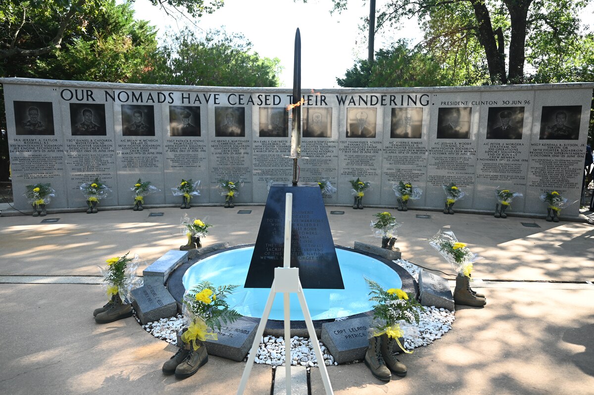 A monument dedicated to the fallen members of the Khobar Towers bombing is adorned in ceremonial display for the 28th Annual Khobar Towers Memorial Ceremony, June 25, 2024.
