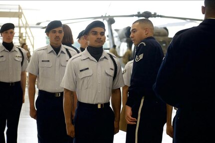 Airman David Wiley with the 344thTraining Squadron stands at attention at the Second Air Force Drill Down Competition. The 343rd and 344th Training Squadrons represented the 37th Training Group and won first place in the Second Air Force Drill Down Competition at Sheppard Air Force Base, Texas, on April 27, 2024. (Courtesy Photo)