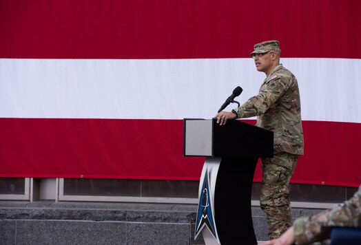  U.S. Space Force Lt. Gen. David N. Miller, Jr., Space Operations Command commander, speaks to Space Delta 8 – Satellite Communications, Guardians, Airmen and civilians as the presiding official during a change of command ceremony at Schriever Space Force Base, Colorado, June 24, 2024. Miller emphasized the importance of the change of command and highlighting the value that DEL 8 brings to the U.S. Space Force and SpOC mission. (U.S. Space Force photo by 1st Lt. Danielle Rose)